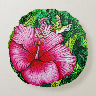 Hummingbird Hibiscus Watercolor Painting Round Pillow