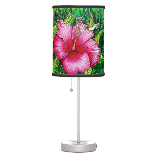 Hummingbird Hibiscus Watercolor Painting Table Lamp
