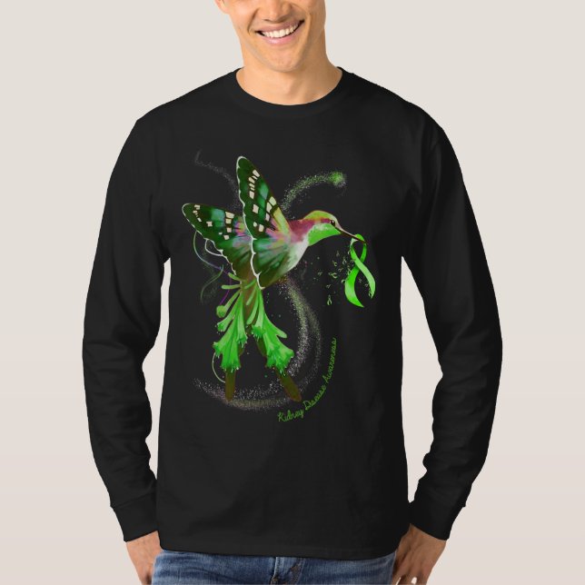 Hummingbird Hold Green Ribbon Kidney Disease Aware T-Shirt (Front)