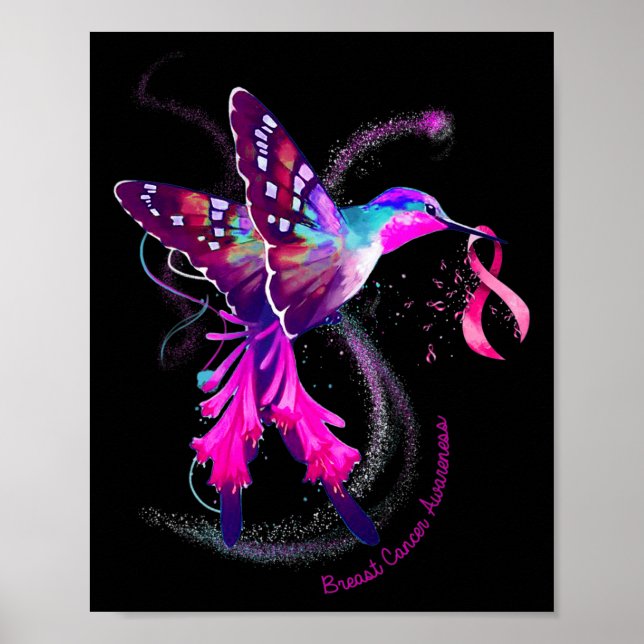 Hummingbird Hold Pink Ribbon Breast Cancer Awarene Poster (Front)