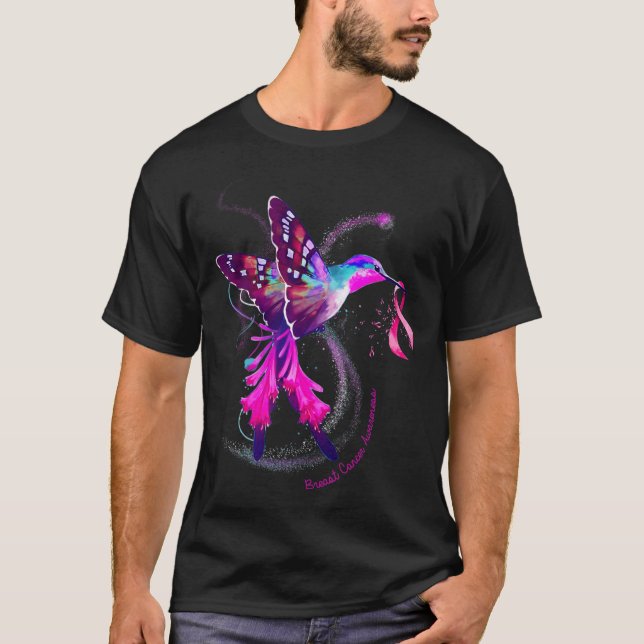 Hummingbird Hold Pink Ribbon Breast Cancer Awarene T-Shirt (Front)