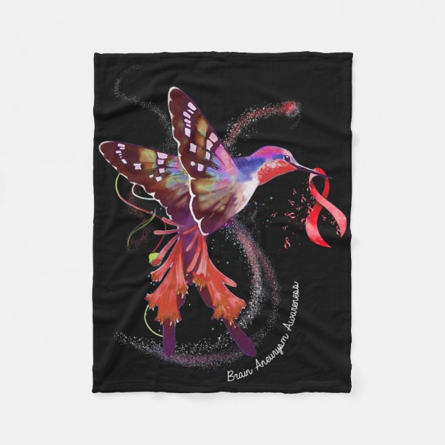Hummingbird Holding Burgundy Ribbon Brain Aneurysm Fleece Blanket (Front)