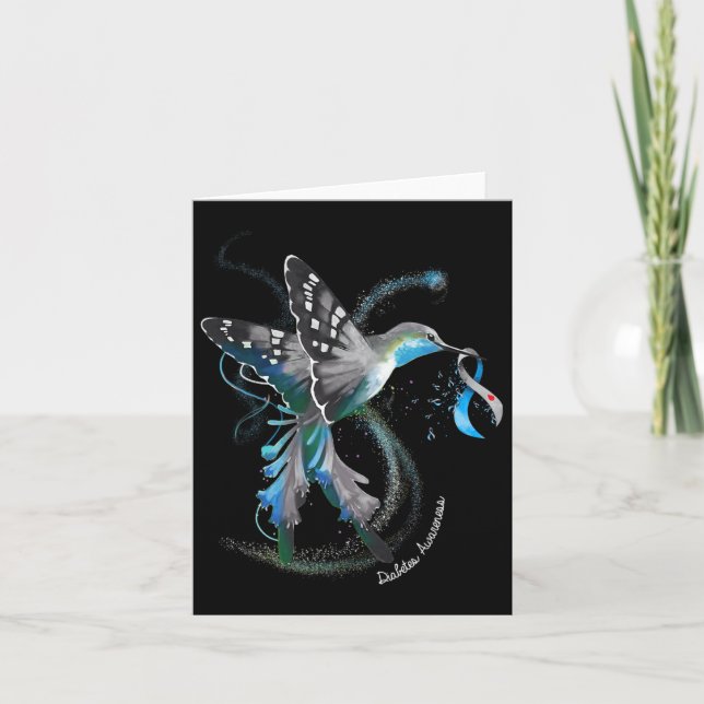 Hummingbird Holding Gray Blue Ribbon T1d Diabetes  Card (Front)
