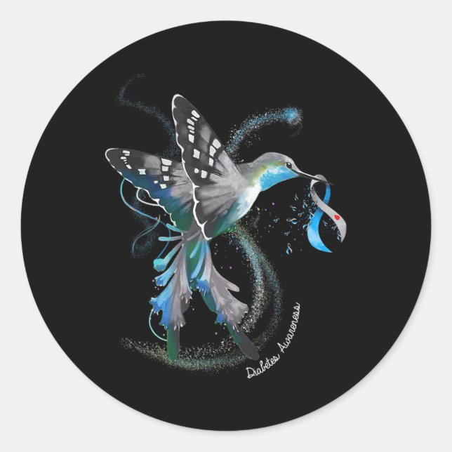 Hummingbird Holding Gray Blue Ribbon T1d Diabetes  Classic Round Sticker (Front)