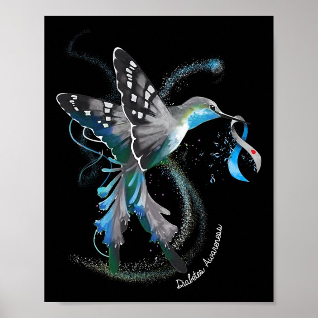 Hummingbird Holding Gray Blue Ribbon T1d Diabetes  Poster (Front)