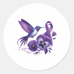 Hummingbird Holding Purple Pansy Ribbon Heimer Awa Classic Round Sticker