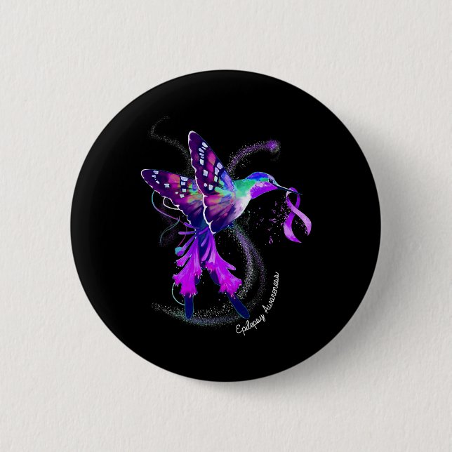 Hummingbird Holding Purple Ribbon Epilepsy Awarene Button (Front)
