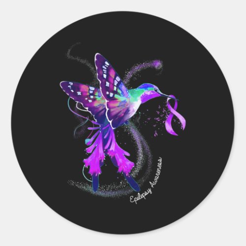 Hummingbird Holding Purple Ribbon Epilepsy Awarene Classic Round Sticker