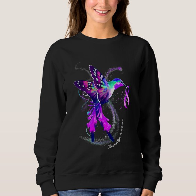 Hummingbird Holding Purple Ribbon Fibromyalgia Awa Sweatshirt (Front)