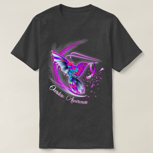 Hummingbird Holding Purple Ribbon Overdose Awarene T-Shirt (Design Front)