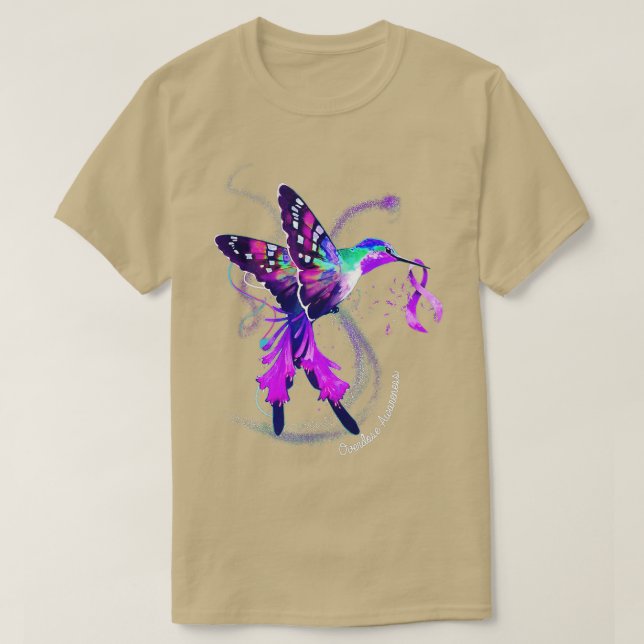 Hummingbird Holding Purple Ribbon Overdose Awarene T-Shirt (Design Front)