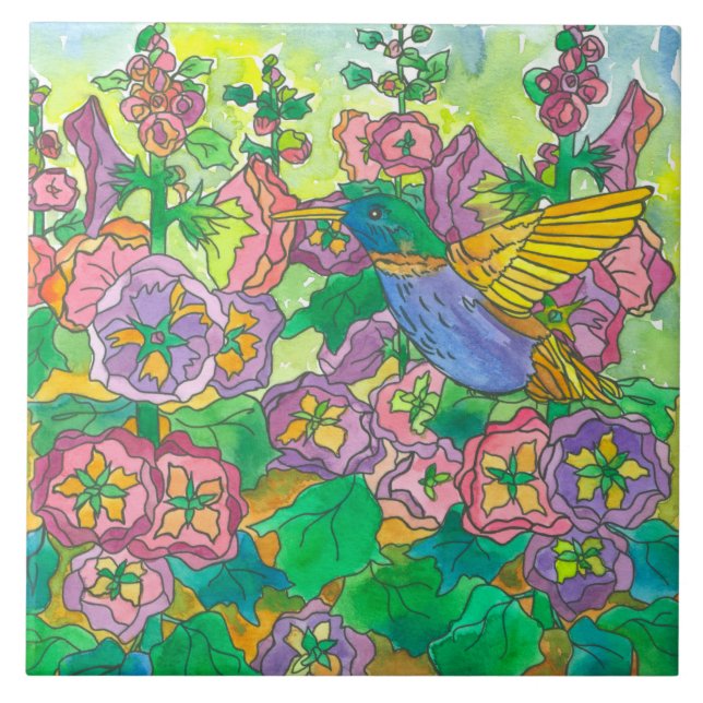 Hummingbird Hollyhocks Pink Garden Flowers Ceramic Tile (Front)