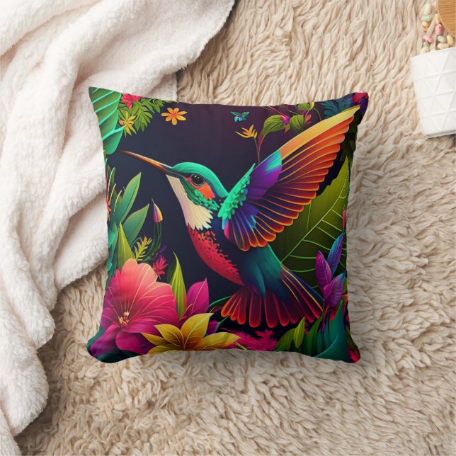 Hummingbird Hovering Over Tropical Garden Throw Pillow (Blanket)