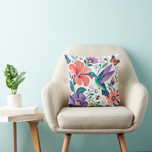 Hummingbird in a Blooming Floral Garden Throw Pillow
