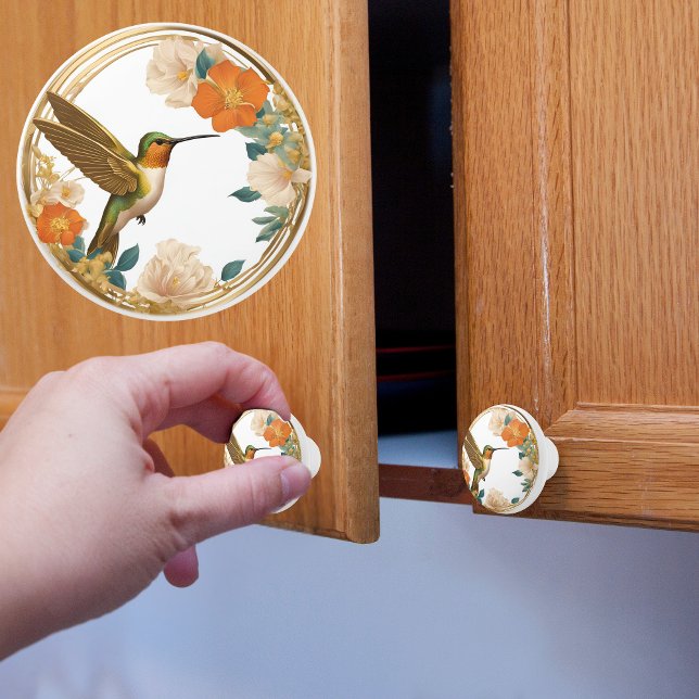 Hummingbird in a Circle Floral Frame Ceramic Knob (Creator Uploaded)