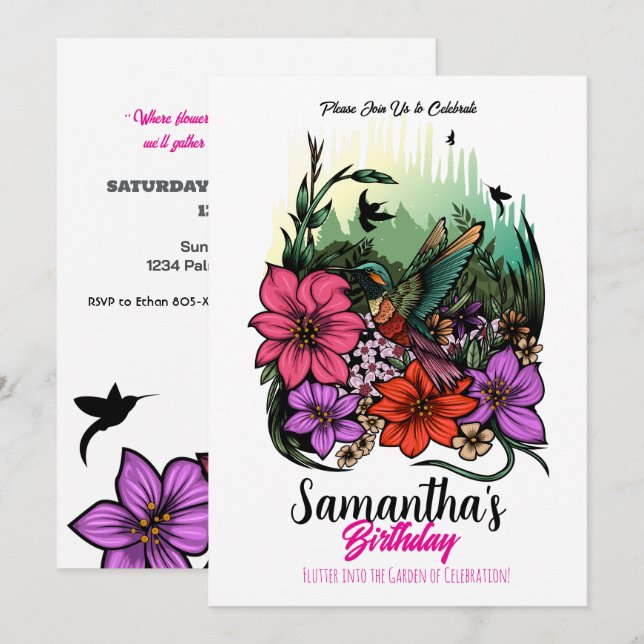 Hummingbird in Bloom – Elegant Floral Birthday Invitation (Front/Back)