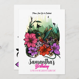 Hummingbird in Bloom – Elegant Floral Birthday Invitation
