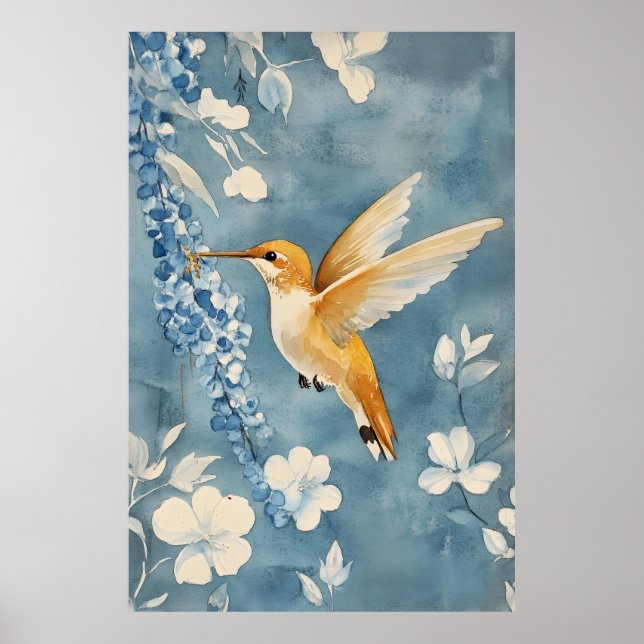 hummingbird in flight amidst white flowers  poster (Front)