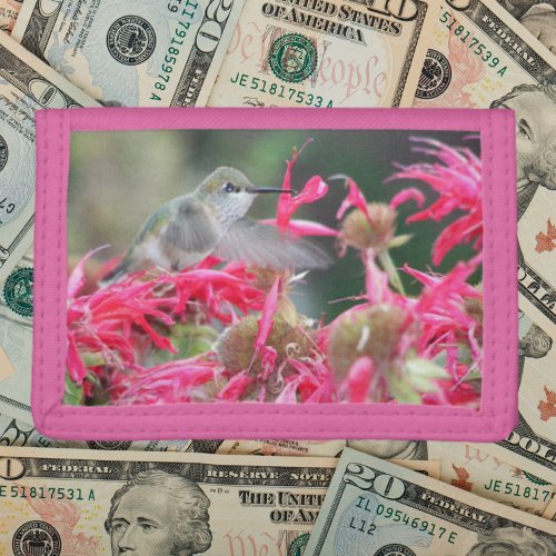 Hummingbird in Flight and Pink Flowers Trifold Wallet