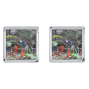 Hummingbird in Flight and Red Flowers Cufflinks