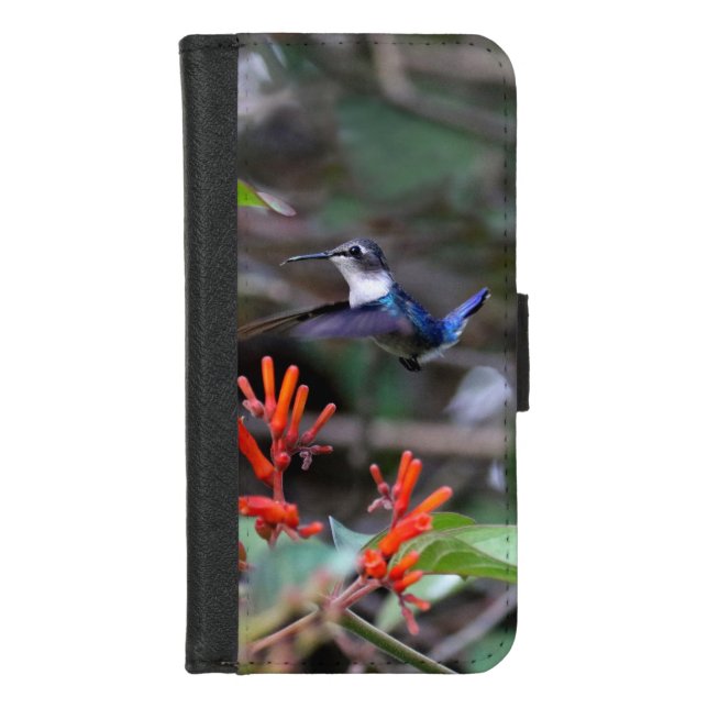 Hummingbird in Flight and Red Flowers iPhone Wallet Case (Front)