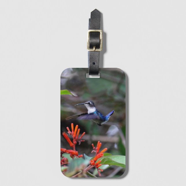 Hummingbird in Flight and Red Flowers Luggage Tag (Front Vertical)