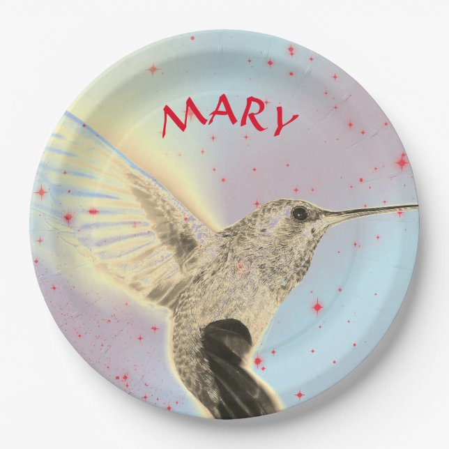 HUMMINGBIRD IN FLIGHT WITH CUSTOM NAME PAPER PLATES (Front)