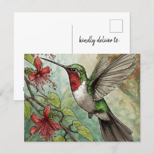 Hummingbird in Flight with Red Trumpet Vine Postcard