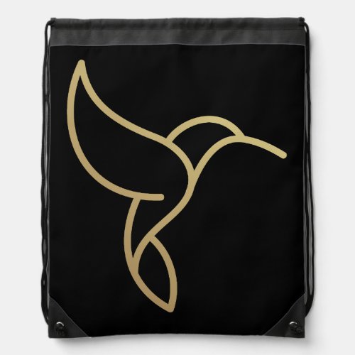 Hummingbird in Monoline Style _ Gold on Black Drawstring Bag