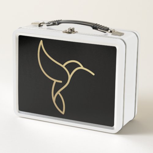 Hummingbird in Monoline Style _ Gold on Black Metal Lunch Box