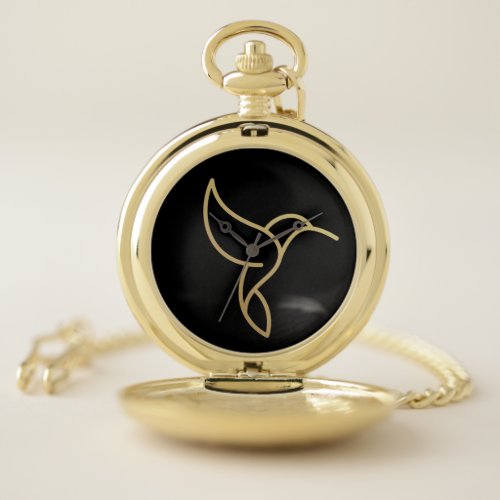 Hummingbird in Monoline Style _ Gold on Black Pocket Watch