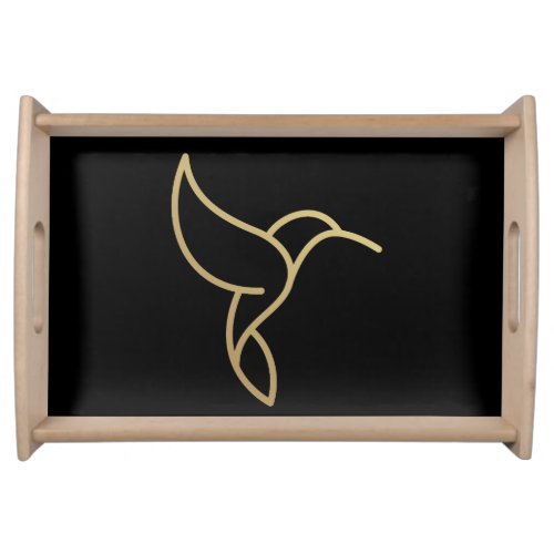 Hummingbird in Monoline Style _ Gold on Black Serving Tray