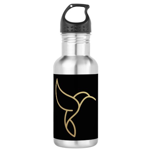 Hummingbird in Monoline Style _ Gold on Black Stainless Steel Water Bottle