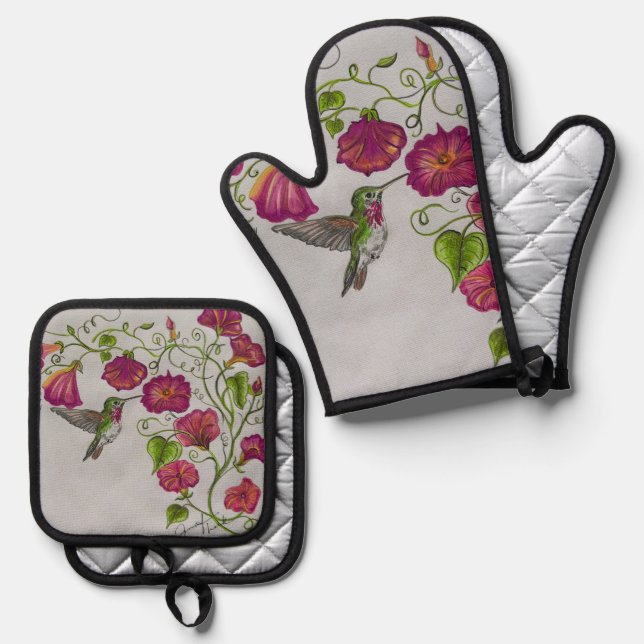 Hummingbird in Pink Oven Mitts Mitt & Pot Holder Set (Front/Back)