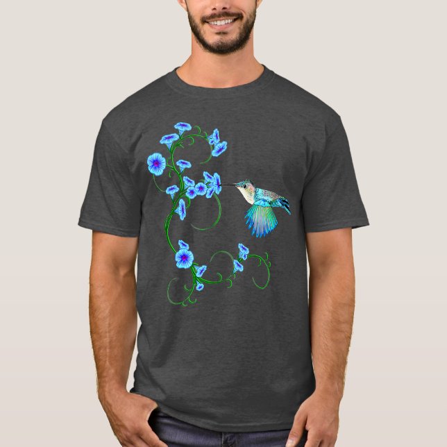 Hummingbird in the Morning Glory Flower Garden T-Shirt (Front)
