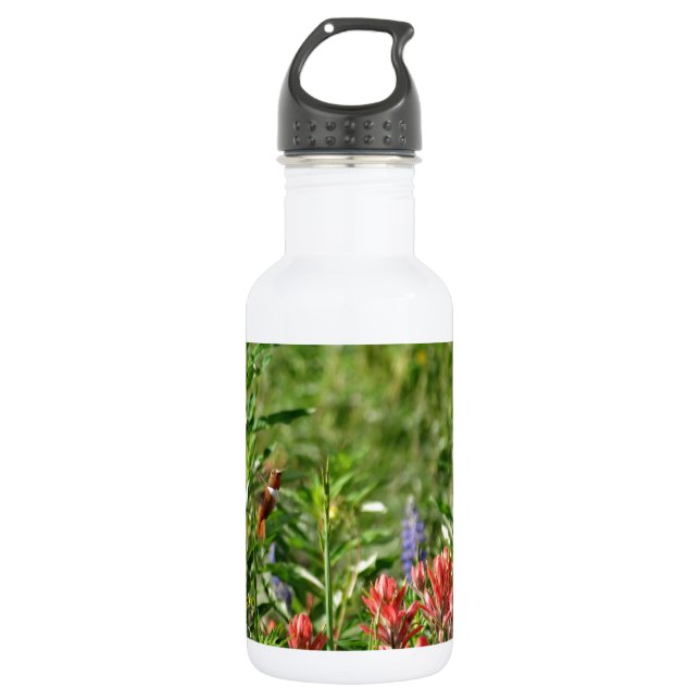 Hummingbird in wild flowers water bottle (Front)