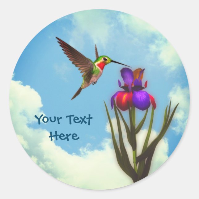 Hummingbird Iris Flower Personalized Classic Round Sticker (Front)