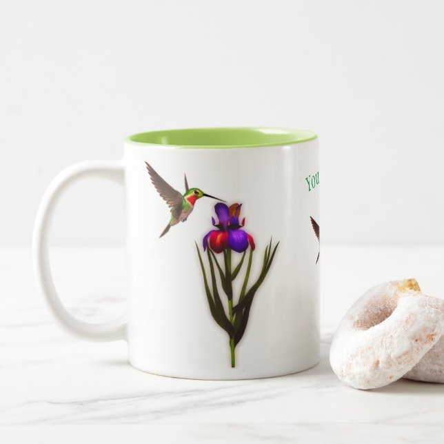 Hummingbird Iris Flower Personalized  Two-Tone Coffee Mug (With Donut)