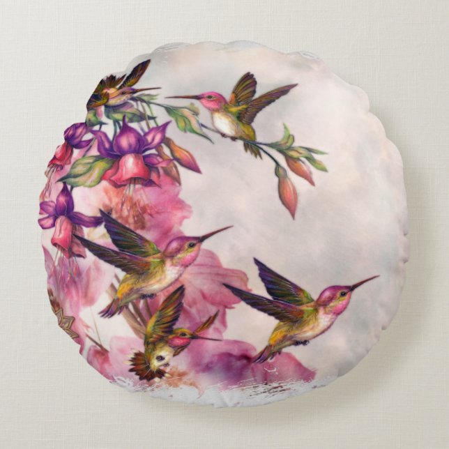 Hummingbird Lavender Jeweled Round Pillow (Front)