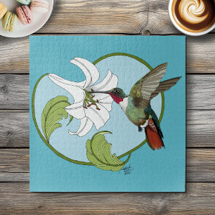 Hummingbird Lily Blue Art Nouveau Jigsaw Puzzle