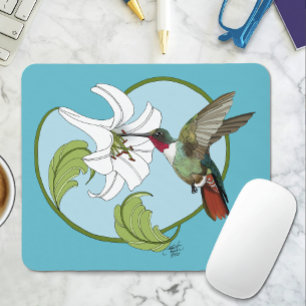 Hummingbird Lily Blue Art Nouveau Mouse Pad