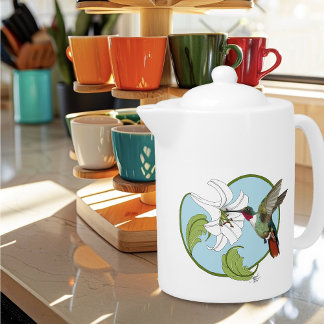 Hummingbird Lily Blue Art Nouveau Teapot