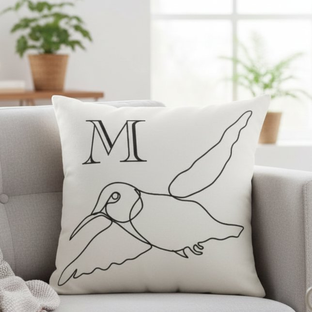 Hummingbird Line Art Monogram Housewarming Throw Pillow (Minimalist modern hummingbird line art initial pillow)