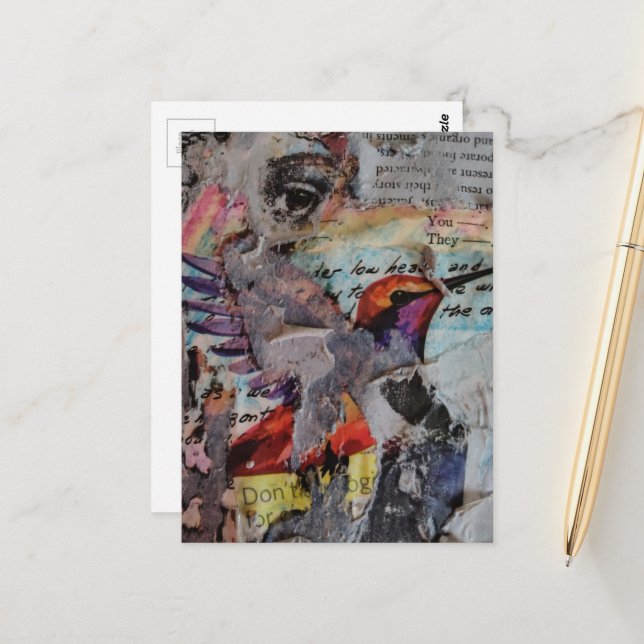 Hummingbird mixed media collage in progress postcard (Front/Back In Situ)