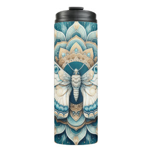 Hummingbird Moth Mandala in Gold, White, and Blue Thermal Tumbler