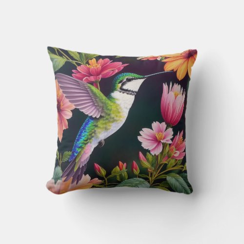 Hummingbird Multicolor Flowers Art Throw Pillow