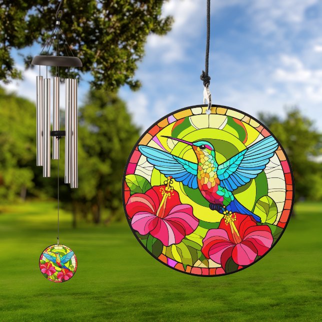 Hummingbird Nature Theme Stained Glass Look  Wind Chime (Outdoor)