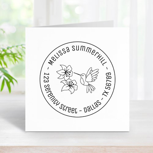 Hummingbird near Flowers Round Address Rubber Stamp