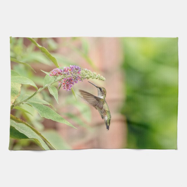 Hummingbird on a flowering plant kitchen towel (Horizontal)