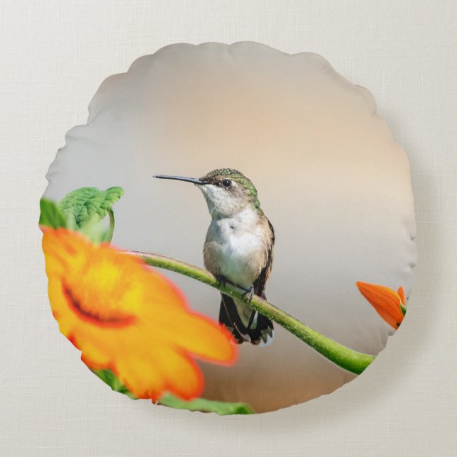 Hummingbird on a flowering plant round pillow (Front)